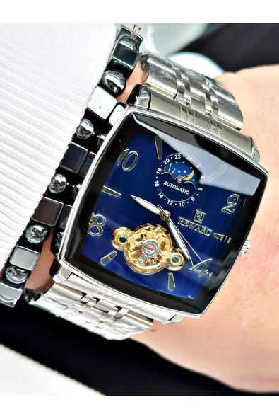 Reward Gümüş Renk Kare Mekanizma Otomatik Kurmalı Erkek Kol Saati + BİLEKLİK - Resim 3