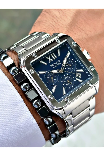 Ferrucci Gümüş Renk Kare Fonksiyonlar Aktif  Erkek Kol Saati + BİLEKLİK - Resim 4