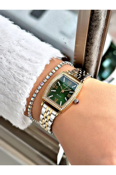 Ferrucci Altın Gümüş Renk Kare Taşlı Model Çelik Kordon Kadın Kol Saati + BİLEKLİK - Resim 2