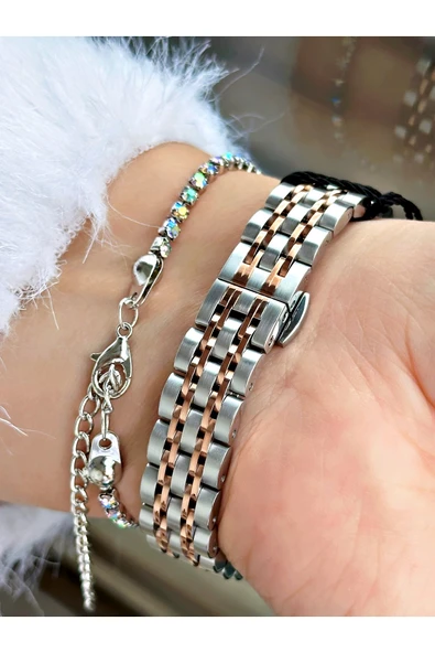 Raymond Rose Gold Gümüş Renk Taşlı Model Klasik Kadın Kol Saati + BİLEKLİK - Resim 3