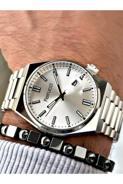 Ferrucci Gümüş Renk Klasik Takvimli Çelik Kordon Erkek Kol Saati + BİLEKLİK ürün görseli 1