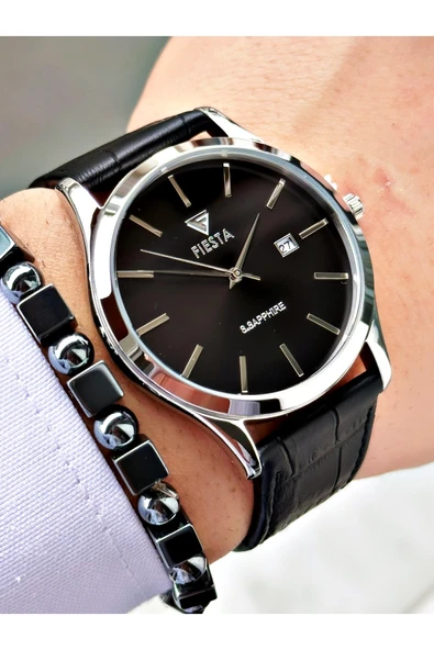 Fiesta Siyah Renk Klasik Sade Model Çelik Kasa Erkek Kol Saati + BİLEKLİK - Resim 3