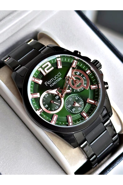 Ferrucci Siyah Renk Fonksiyonlar Aktif Çelik Kordon Erkek Kol Saati + BİLEKLİK ürün görseli 1