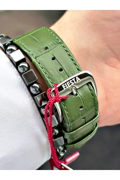 Fiesta Yeşil Renk Kayışlı Model Safir Cam Çelik Kasa Deri Kordon Erkek Kol Saati + BİLEKLİK HEDİYELİ - Resim 5
