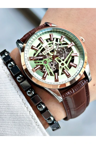 Reward Kahve Renk Deri Kordon İskelet Model Otomatik Erkek Kol Saati + BİLEKLİK - Resim 4
