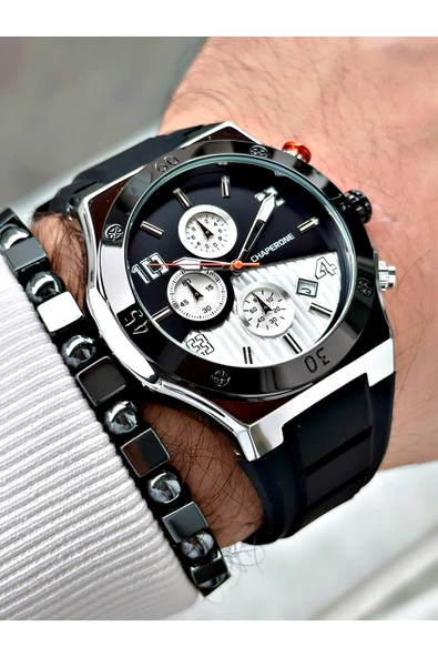 Chaperone Siyah Renk Spor Silikon Fonksiyonlar Aktif Garantili Erkek Kol Saati + BİLEKLİK By REWARD - Resim 3