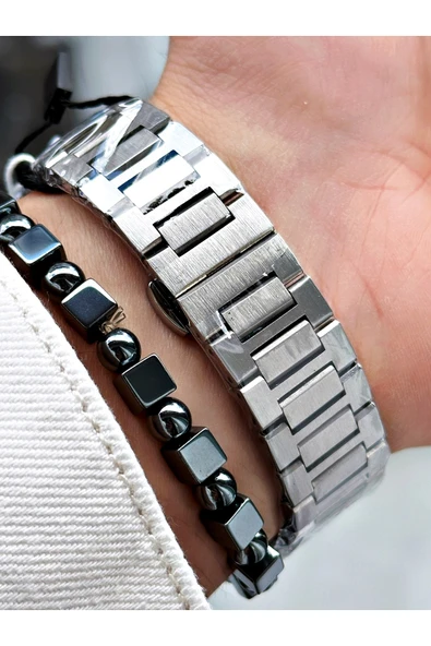 Reward Gümüş Renk Kabe Desen Otomatik Mekanizma Erkek Kol Saati + BİLEKLİK - Resim 4