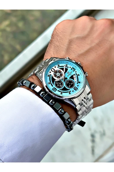 Ferrucci Gümüş Renk Fonksiyonlu Rulet Fonksiyonlu Çelik Kordon Erkek Kol Saati + BİLEKLİK - Resim 3