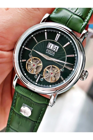 Fiesta Yeşil Renk Çift Türbünlü Deri Kordon Business Otomatik Erkek Kol Saati + BİLEKLİK - Resim 6