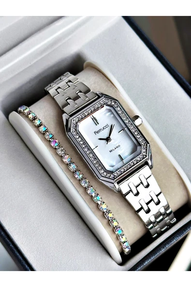 Ferrucci Gümüş Renk Taşlı Kare Model Garantili Şık Kadın Kol Saati + BİLEKLİK ürün görseli 1