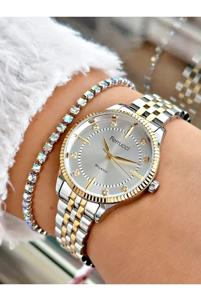 Ferrucci Gümüş Gold Sade Klasik Model Çelik Kordon  Kadın Kol Saati + BİLEKLİK HEDİYELİ ürün görseli 1