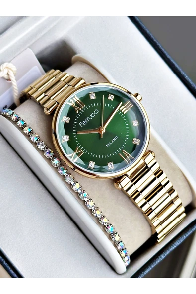 Ferrucci Altın Renk Roma Rakamlı Sade Model Çelik Kordon Kadın Kol Saati + BİLEKLİK ürün görseli 1