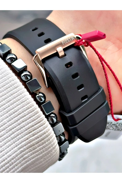 Fiesta Siyah Renk Spor Silikon Çelik Kasa Erkek Kol Saati + BİLEKLİK - Resim 5