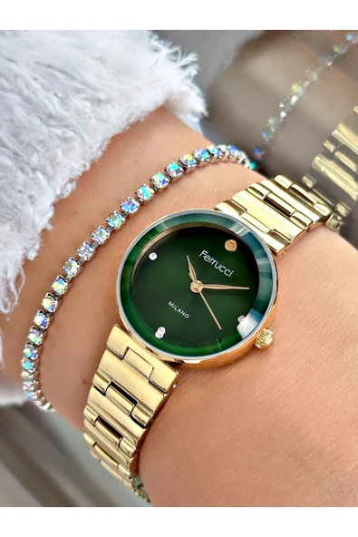 Ferrucci Altın Renk Klasik Model  Çelik Kordon Kadın Kol Saati + BİLEKLİK ürün görseli 1