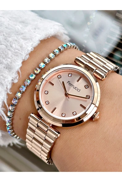 Ferrucci Rose Gold Renk Klasik Sade Model  Kadın Kol Saati + BİLEKLİK ürün görseli 1