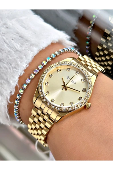 Ferrucci Altın Renk Taşlı Model Şık Tasarım Garantili Çelik Kordon Kadın Kol Saati + BİLEKLİK ürün görseli 1