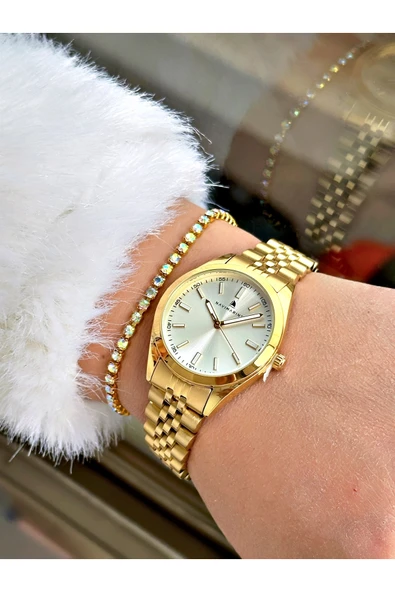 Navimarine Altın Renk Çelik Kordon Kadın Kol Saati + Bileklik Hediyeli - Resim 3