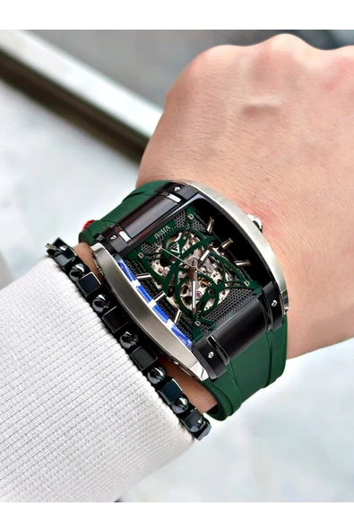 Fiesta Yeşil Renk Spor Silikon Kare Çelik Kasa Otomatik Business Erkek Kol Saati + BİLEKLİK - Resim 2