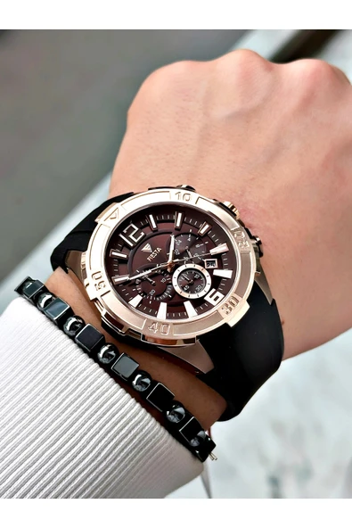 Fiesta Siyah Renk Spor Silikon Çelik Kasa Erkek Kol Saati + BİLEKLİK - Resim 3