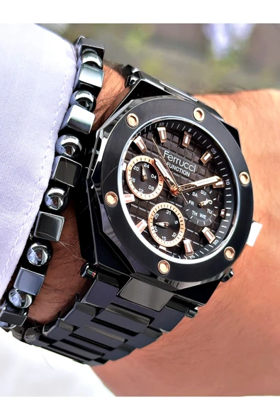 Ferrucci Siyah Renk Çelik Kordon Spor Model  Erkek Kol Saati + BİLEKLİK - Resim 4