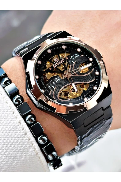 Reward Siyah Renk Kabe Desen Otomatik Mekanizma Erkek Kol Saati + BİLEKLİK - Resim 3