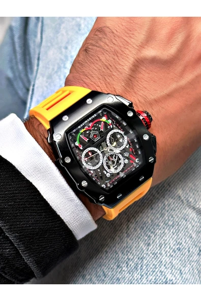 Navimarine Sarı Renk Fonksiyonlu Spor Silikon Kare Erkek Kol Saati + BİLEKLİK HEDİYELİ - Resim 3