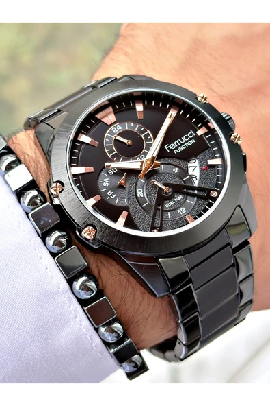 Ferrucci Siyah Renk Spor Fonksiyonlu  Çelik Kordon Erkek Kol Saati + BİLEKLİK - Resim 3