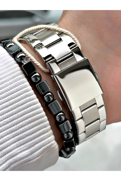 Ferrucci Gümüş Renk Çelik Kordon Erkek Kol Saati + Hematit Doğaltaş Bileklik Hediyeli - Resim 4
