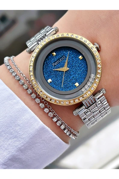 Ferrucci Gümüş Renk Taşlı Şık Dizayn Kadın Kol Saati + Bileklik Hediyeli ürün görseli 1