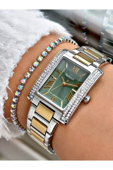 Ferrucci Altın Renk Kare Taşlı Model Çelik Kordon Kadın Kol Saati + BİLEKLİK ürün görseli 1
