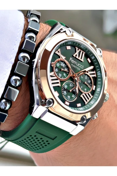 Ferrucci Yeşil Renk Silikon Fonksiyonlar Aktif Spor Erkek Kol Saati + BİLEKLİK ürün görseli 1