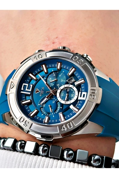 Fiesta Mavi Renk Spor Silikon Çelik Kasa Erkek Kol Saati + BİLEKLİK - Resim 2