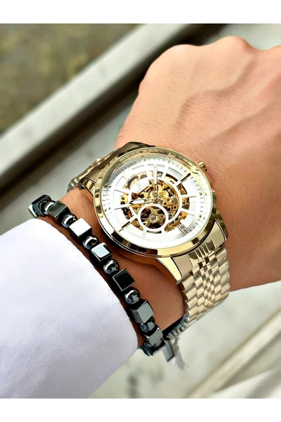 Reward Altın Renk Çelik Kordon Otomatik Business Erkek Kol Saati + BİLEKLİK HEDİYELİ - Resim 4