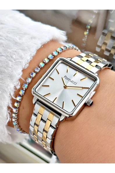 Ferrucci Altın Gümüş Renk Kare Sade Model Büyük Kasa Kadın Kol Saati + BİLEKLİK ürün görseli 1