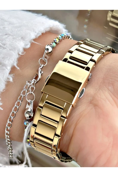 Ferrucci Altın Renk Kare Taşlı Model Çelik Kordon Kadın Kol Saati + BİLEKLİK - Resim 3