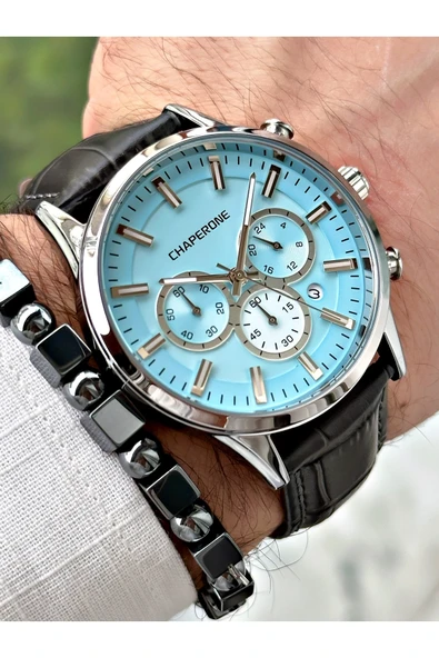 Chaperone Gri Renk Deri Kordon Fonksiyonlu  Erkek Kol Saati + BİLEKLİK HEDİYELİ By REWARD - Resim 3