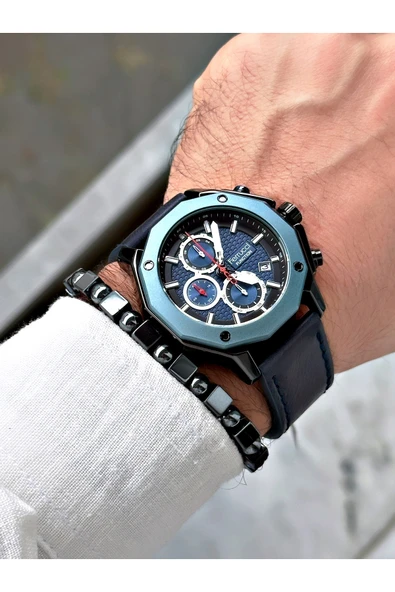 Ferrucci Lacivert Deri Kordon Fonksiyonlu Şık Dizayn Erkek Kol Saati + BİLEKLİK HEDİYELİ - Resim 2