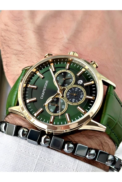 Chaperone Yeşil Renk Deri Kordon Fonksiyonlu  Erkek Kol Saati + BİLEKLİK HEDİYELİ By REWARD - Resim 3