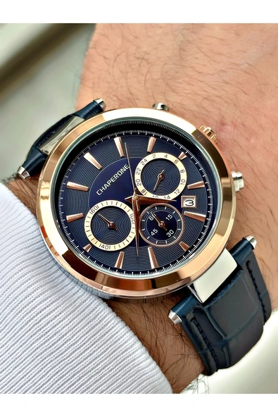 Chaperone Lacivert Renk Deri Kordon Fonksiyonlar Aktif Erkek Kol Saati + BİLEKLİK HEDİYELİ By Reward - Resim 3