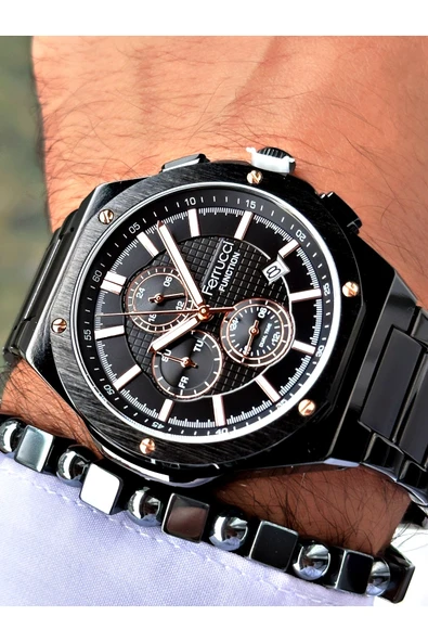 Ferrucci Siyah Renk Çelik Kordon Fonksiyonlar Aktif Erkek Kol Saati + BİLEKLİK ürün görseli 1