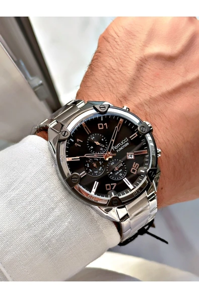 Ferrucci Gümüş Renk Renkli Cam Fonksiyonlar Aktif Çelik Kordon Erkek Kol Saati + BİLEKLİK HEDİYELİ - Resim 3