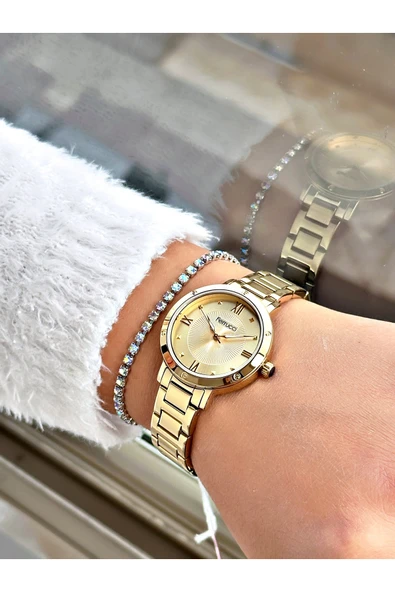 Ferrucci Altın Renk Roma Rakamlı Sade Model  Erkek Kol Saati + BİLEKLİK - Resim 2