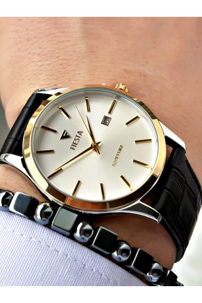 Fiesta Siyah Renk Klasik Sade Model Çelik Kasa Erkek Kol Saati + BİLEKLİK ürün görseli 1