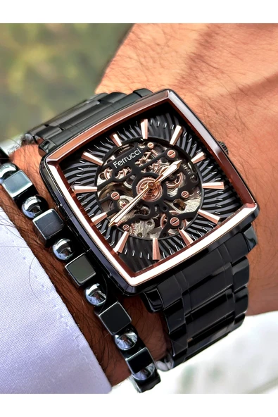 Ferrucci Siyah Renk Otomatik Kare Business  Mekanizma Erkek Kol Saati + BİLEKLİK - Resim 4