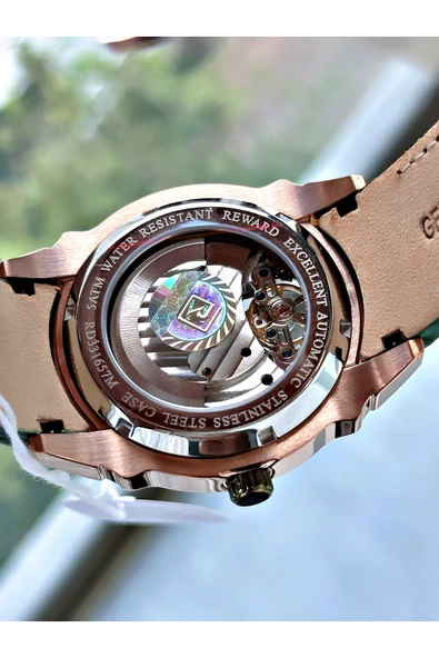 Reward Yeşil Renk Deri Kordon Çelik Kasa  Mekanizma Lüx Erkek Kol Saati + BİLEKLİK HEDİYELİ - Resim 5