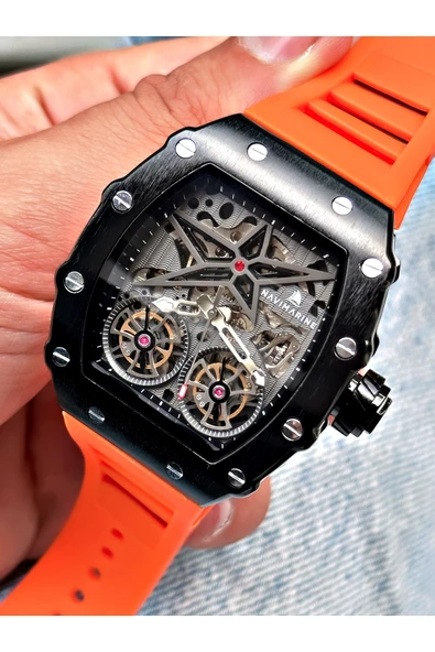 Navimarine Turuncu Renk Kare Spor Silikon Otomatik Business Erkek Kol Saati + BİLEKLİK HEDİYELİ ürün görseli 1