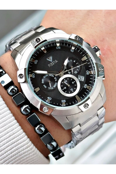 Fiesta Gümüş Renk Fonksiyonlu Çelik Makine Garantili Erkek Kol Saati + BİLEKLİK - Resim 3