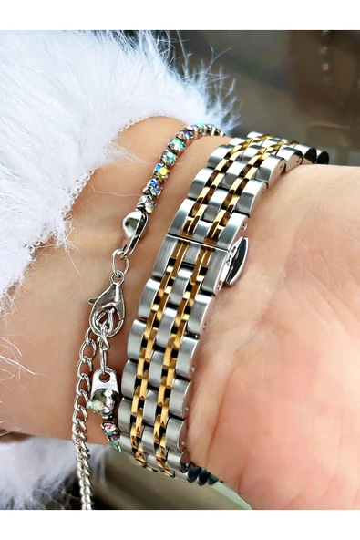 Raymond Altın Gold Gümüş Renk Taşlı Model Klasik Kadın Kol Saati + BİLEKLİK - Resim 3