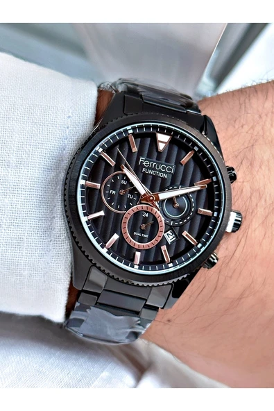Ferrucci Siyah Renk Fonksiyonlar Aktif Çelik Erkek Kol Saati + BİLEKLİK HEDİYELİ ürün görseli 1