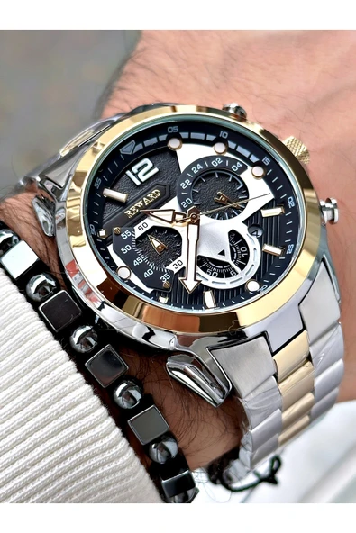 Reward Altın Gümüş Renk Spor Fonksiyonlu Çelik Kordon Erkek Kol Saati + BİLEKLİK - Resim 3
